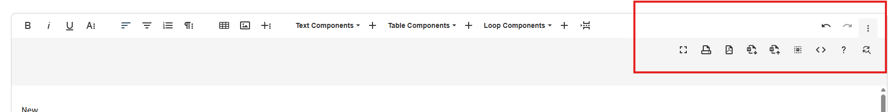 More Options row in the template editor toolbar